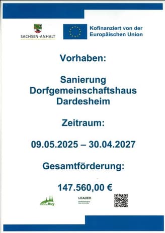 EU-Förderplakat zur Sanierung des Dorfgemeinschaftshauses Dardesheim